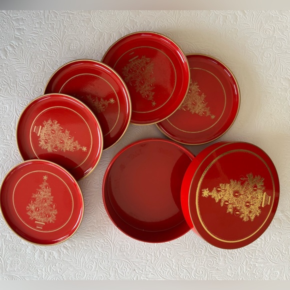Vintage Otagiri Christmas Tree Holiday Coasters set of 5 with tin - Picture 1 of 4